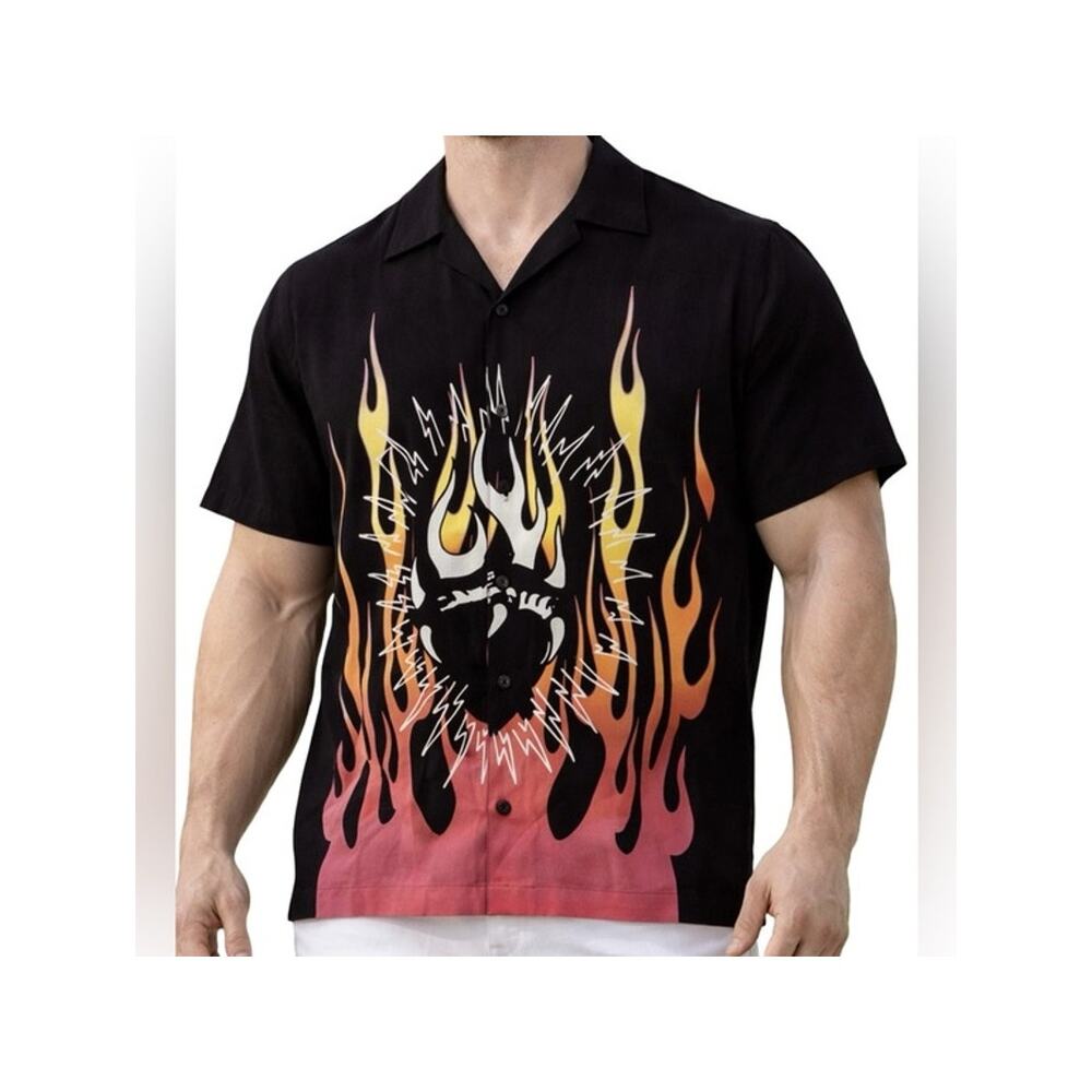 Ed Hardy Shirt Mens XXL Flame Graphic Button Up Shirt Black Tattoo Streetwea NWT